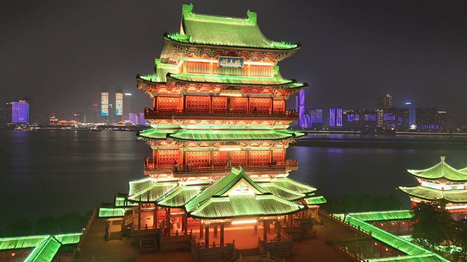 Dufu River Pavilion lit up at night