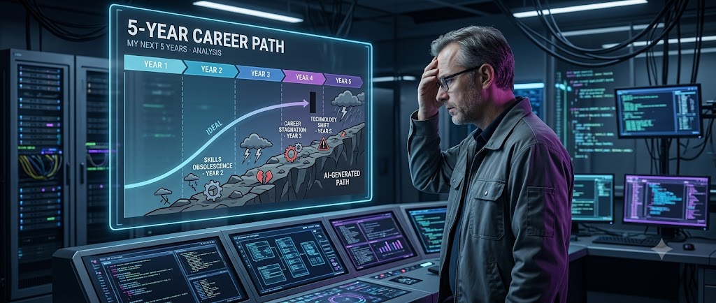 A 45-year-old IT professional studying a holographic 5-year career roadmap in a server room