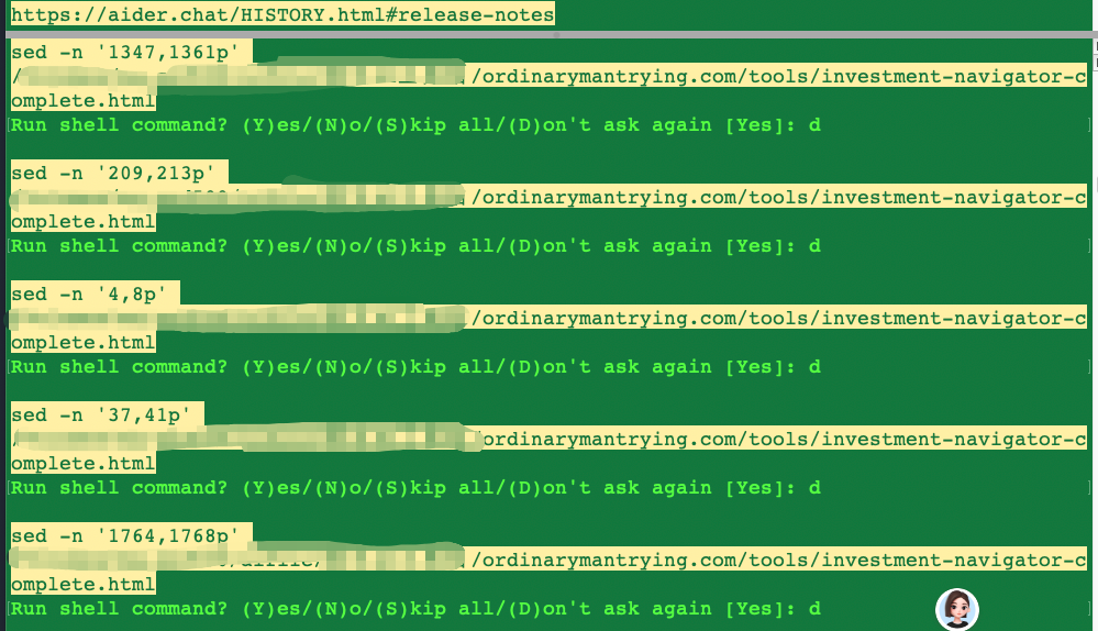 Aider terminal showing DeepSeek stuck in a loop asking Try this Y or n over and over