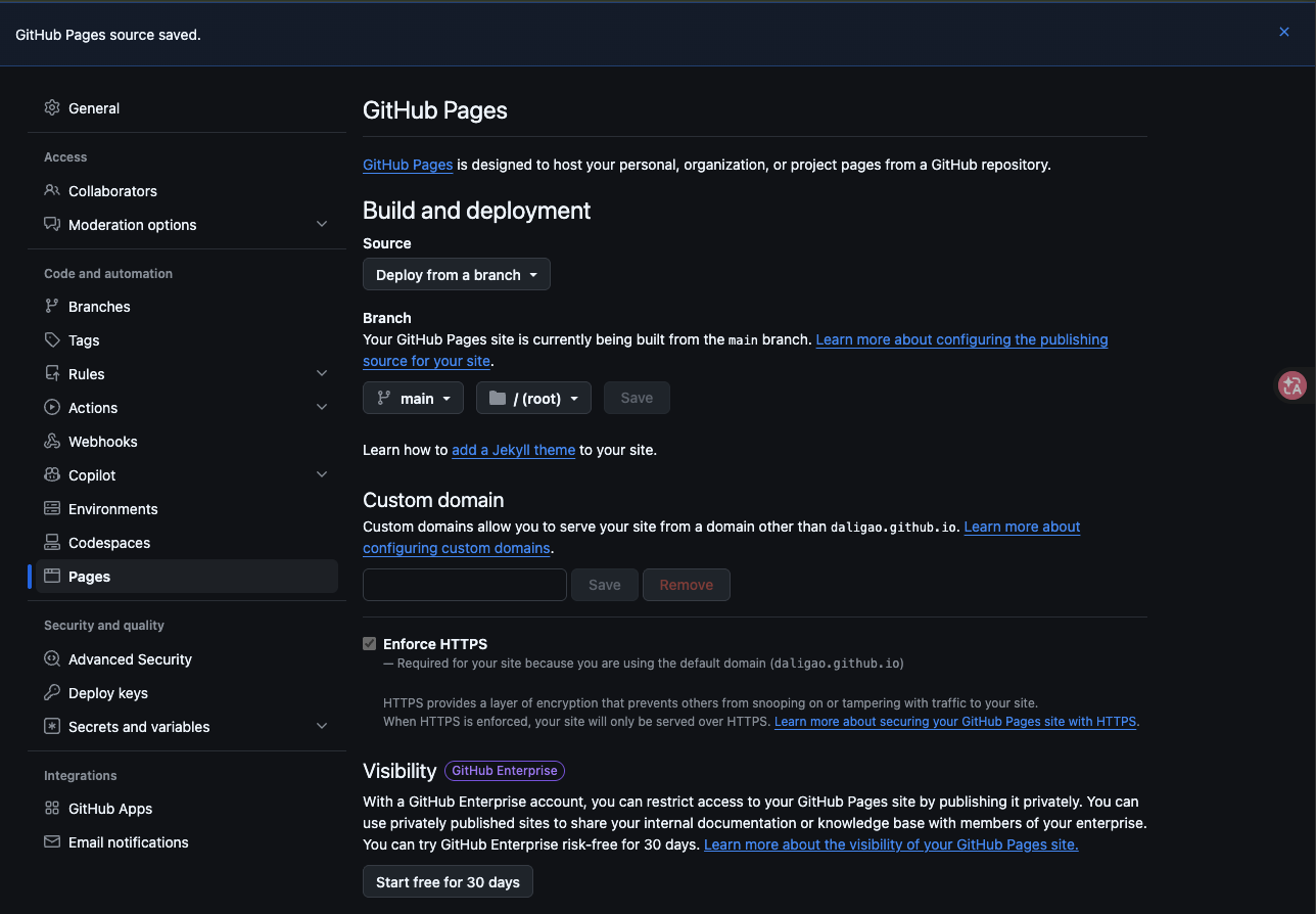 GitHub Pages settings showing the 30-day free trial warning for enterprise private visibility — I almost stopped here
