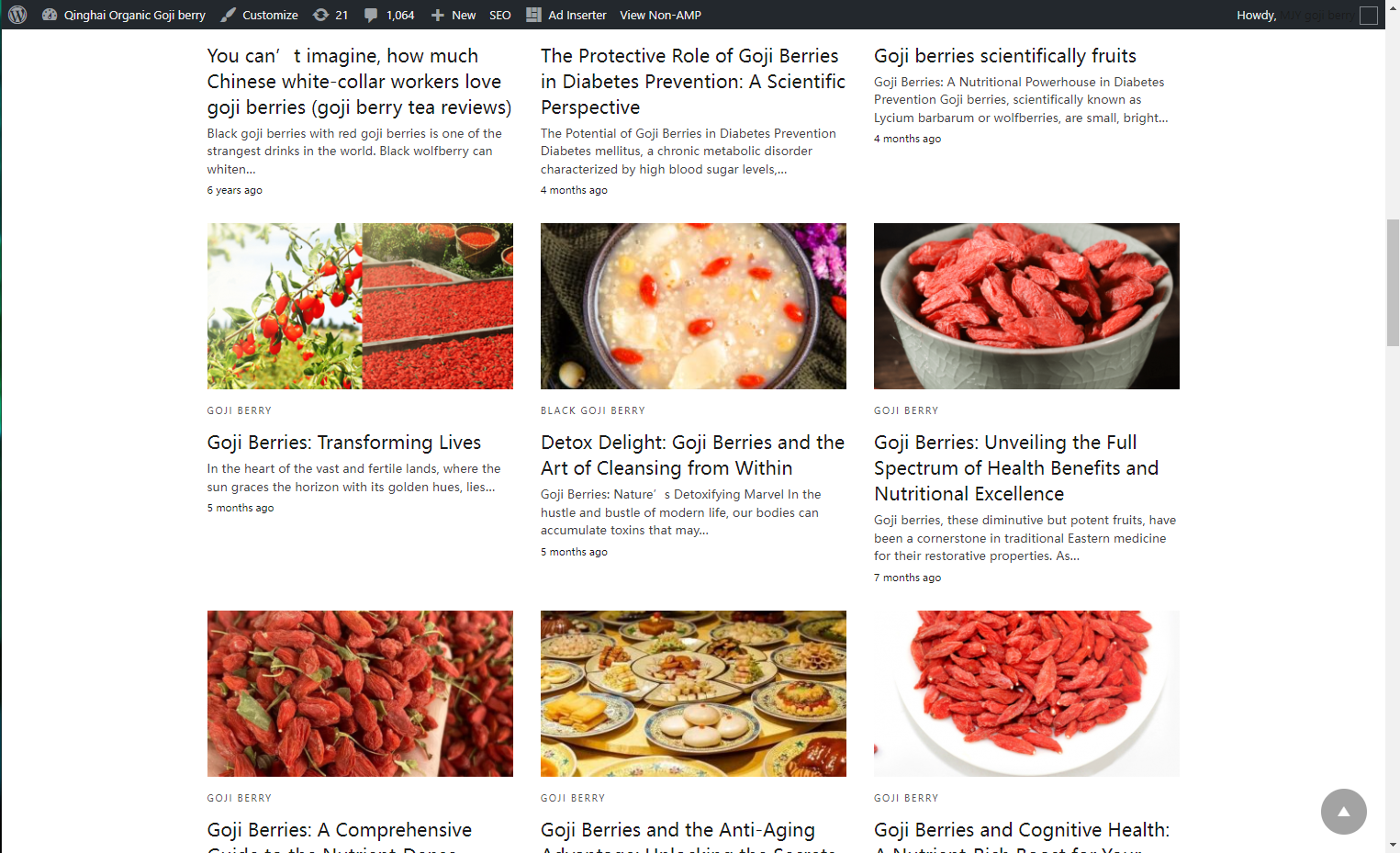 The article grid of mjy-shop.com — over 800 articles about goji berry health, recipes, and research