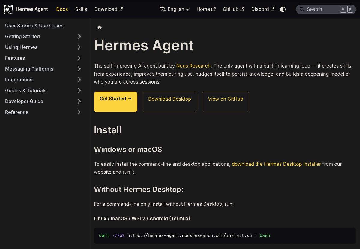 Hermes Agent documentation page from Nous Research — the self-improving AI agent that replaced OpenClaw