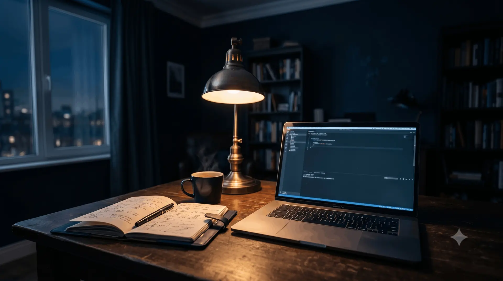 A desk with laptop and lamp at night
