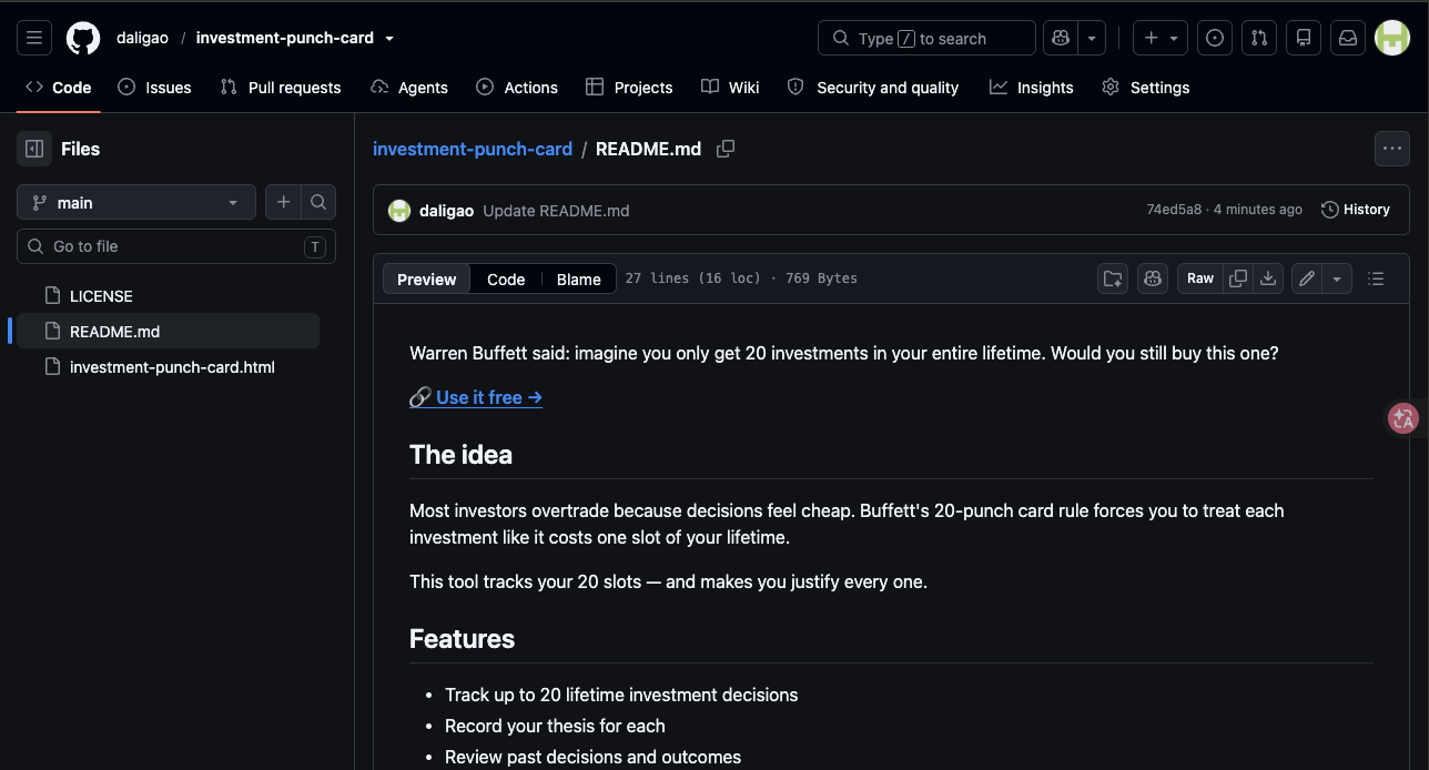 Investment Punch Card GitHub repository — open source tool built on Buffett's 20-punch card rule