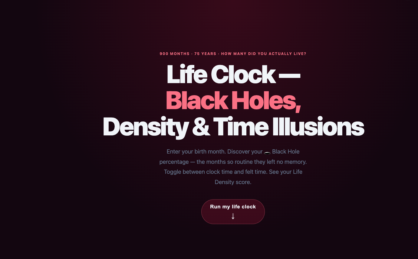 Life Clock — hero screen showing the 900-square grid with black hole months visualization