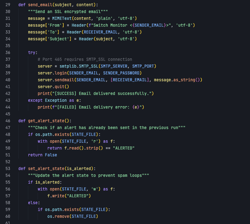 A piece of Python code that logs into network devices, queries temperature values, judges whether the temperature exceeds the threshold, and sends alerts if over-limit.