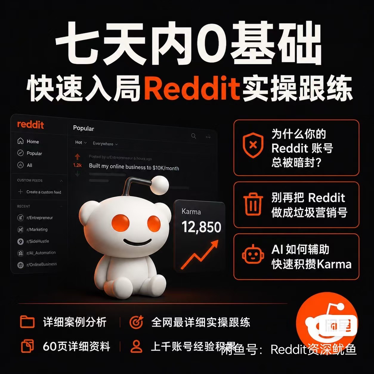 Chinese seller advertising a 60-page Reddit mastery tutorial on Xianyu, promising to teach how to avoid shadowbans, build karma naturally, and use AI to speed up the process