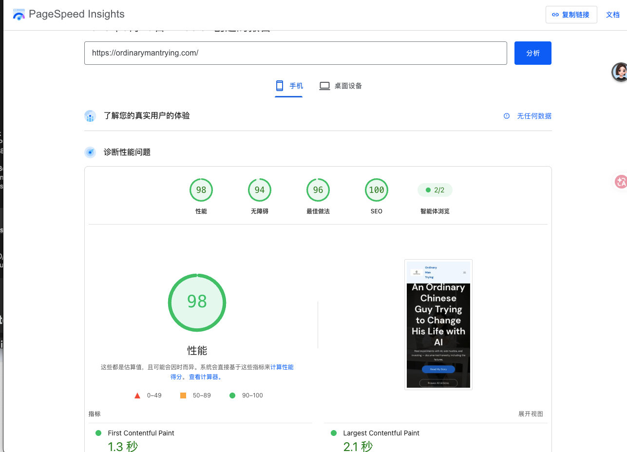 PageSpeed 98/100 and SEO score 100/100
