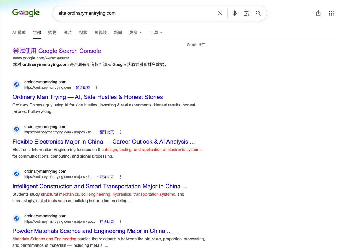 Google site:ordinarymantrying.com showing only 4 indexed pages after 30 days