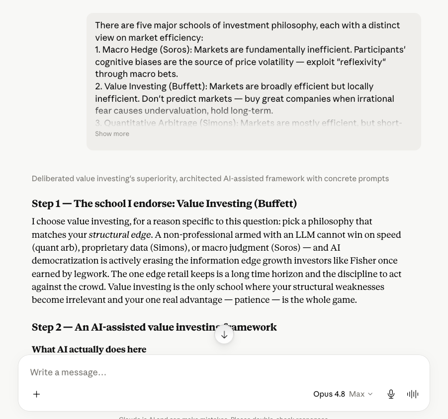 Screenshot of Claude's response — choosing Value Investing but arguing AI may make things worse for the holding power dimension
