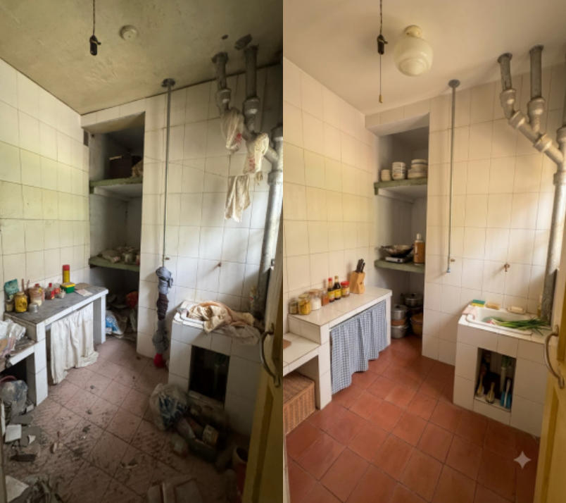 Kitchen before and after AI restoration — abandoned vs restored 1990s Chinese apartment