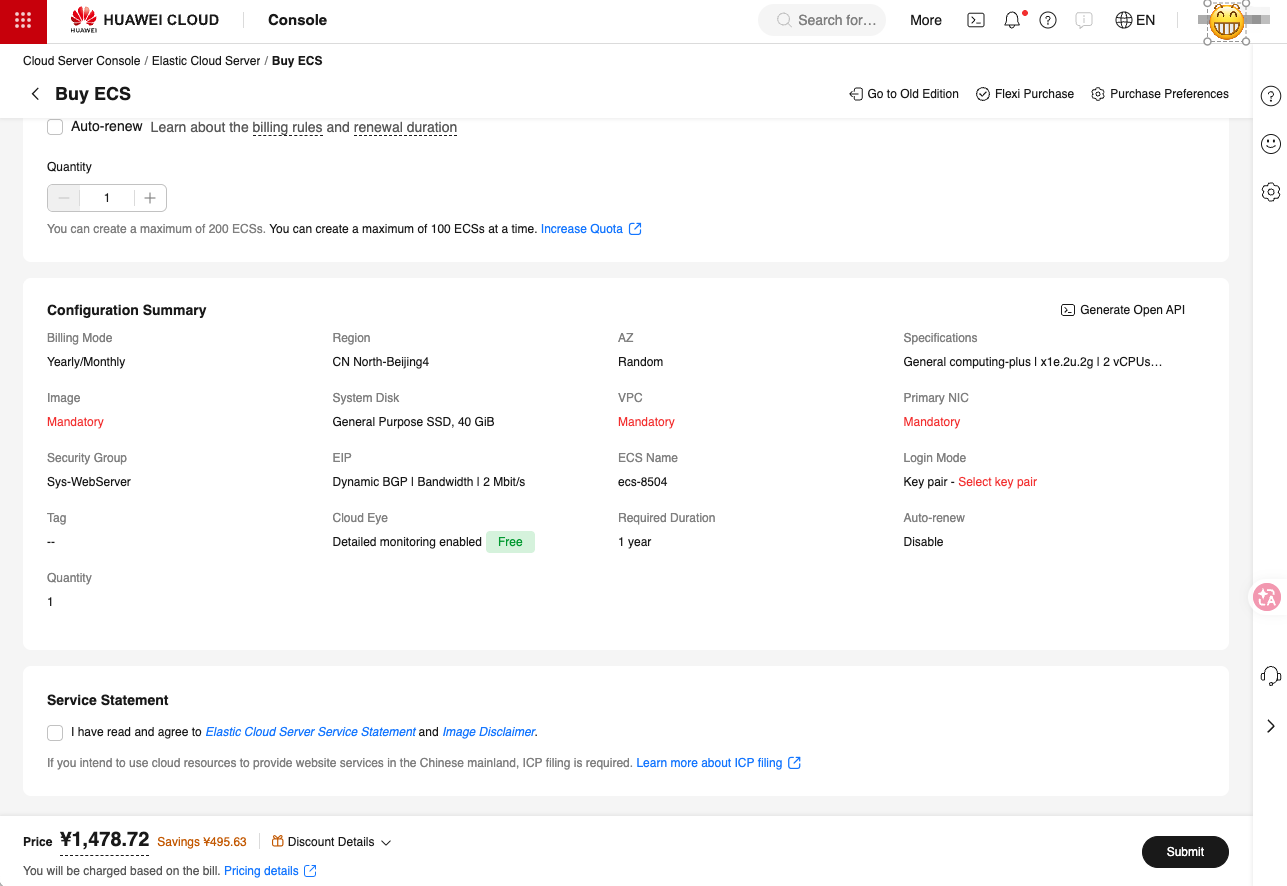 Huawei Cloud ECS 2 vCPU 2GB 1478 RMB per year after discount with ICP filing note