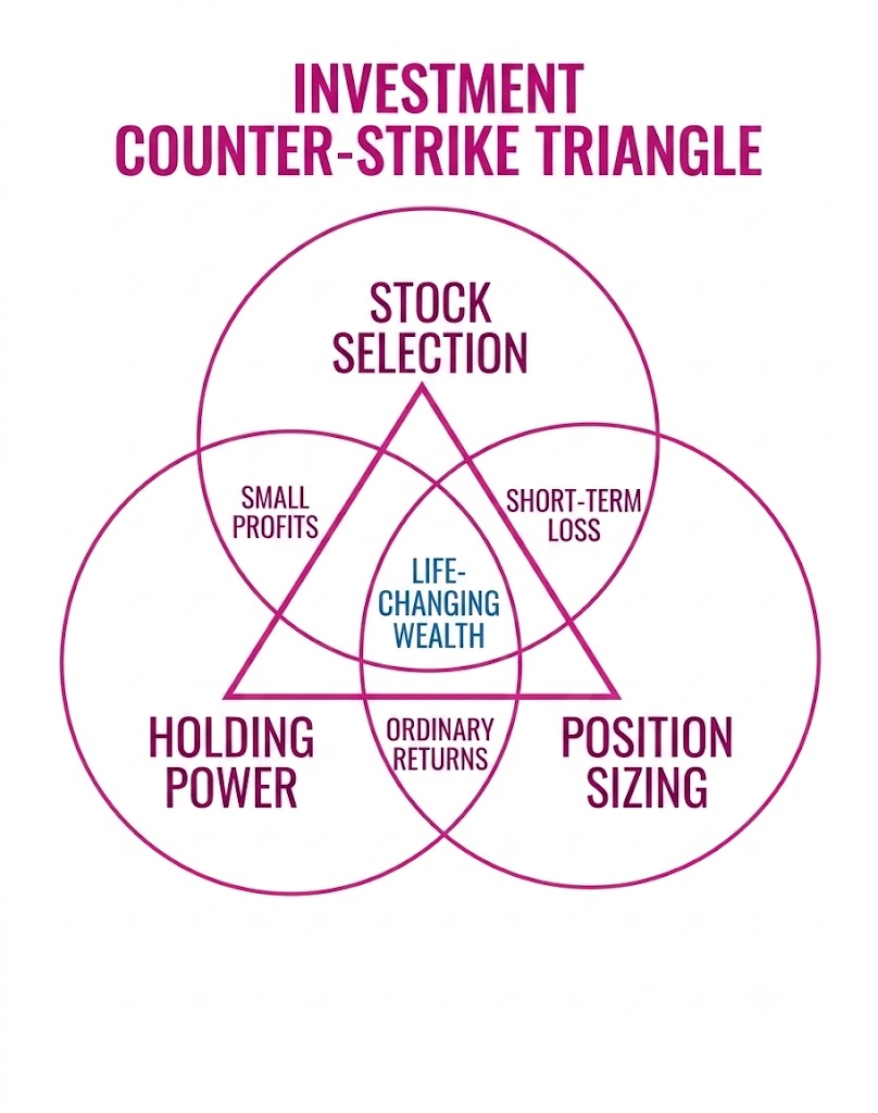 Investment Counter-Strike Triangle — three overlapping circles: Stock Selection, Holding Power, and Position Sizing. The center is Life-Changing Wealth.