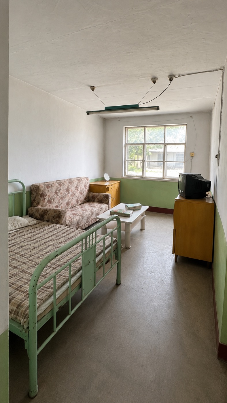 AI restored 1990s Chinese apartment living room — floral sofa, green walls, CRT TV