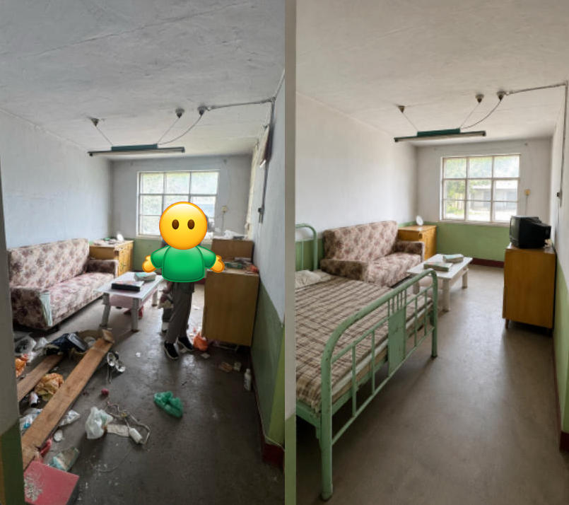 Living room before and after AI restoration — abandoned vs 1990s Chinese apartment restored