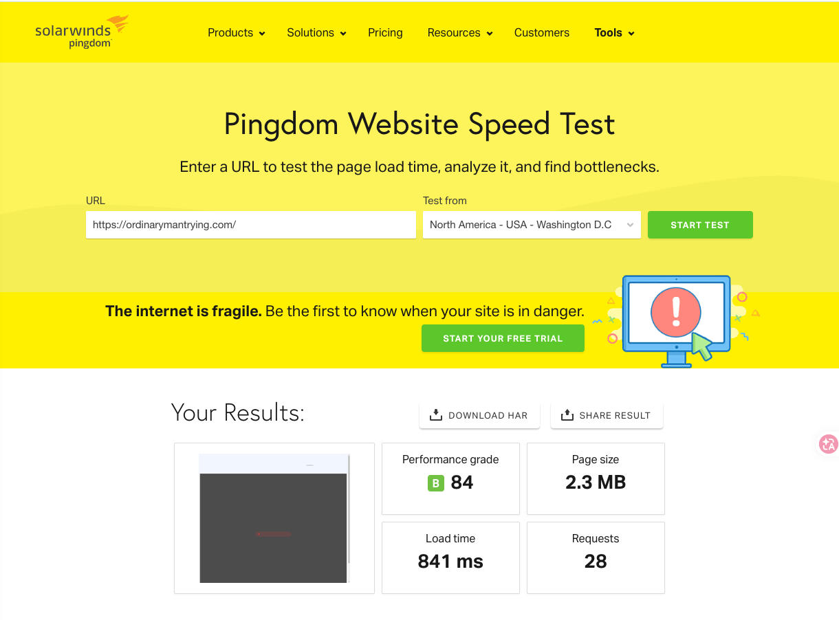Pingdom speed test Grade B 84 841ms load time 2.3MB page size