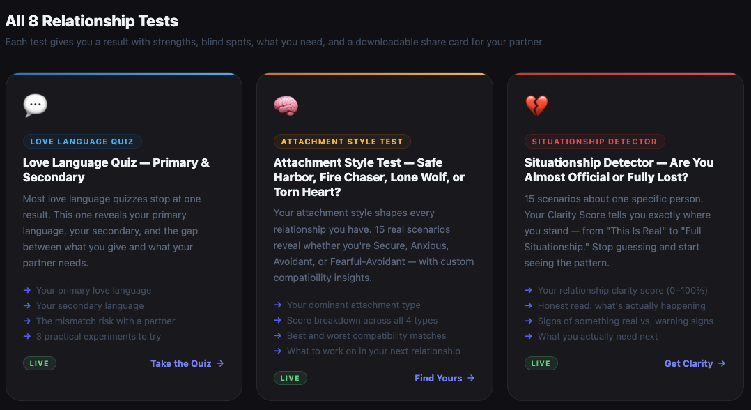 Love Language Quiz, Attachment Style Test, and Situationship Detector — free relationship quizzes