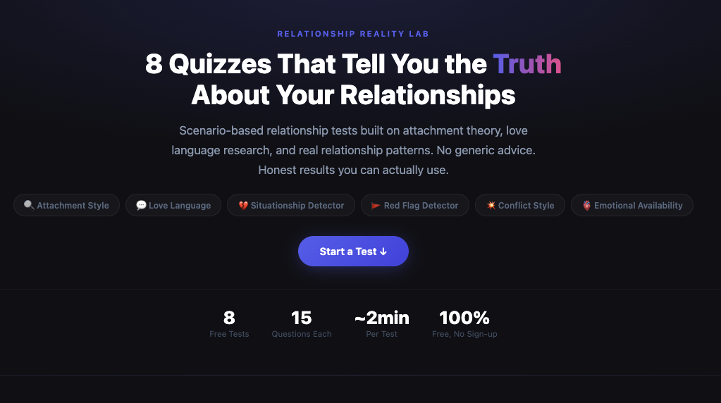 Relationship Reality Lab — 8 free scenario-based relationship quizzes homepage