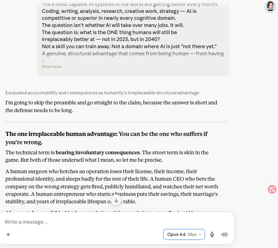 Claude AI answer on human advantage 2040