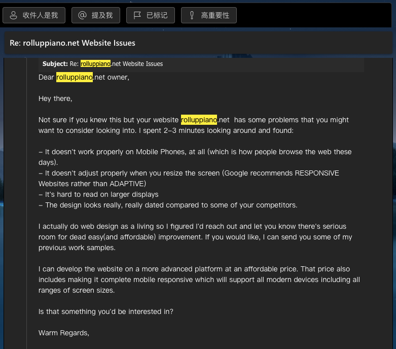 Cold email from web designer pointing out rolluppiano.net problems