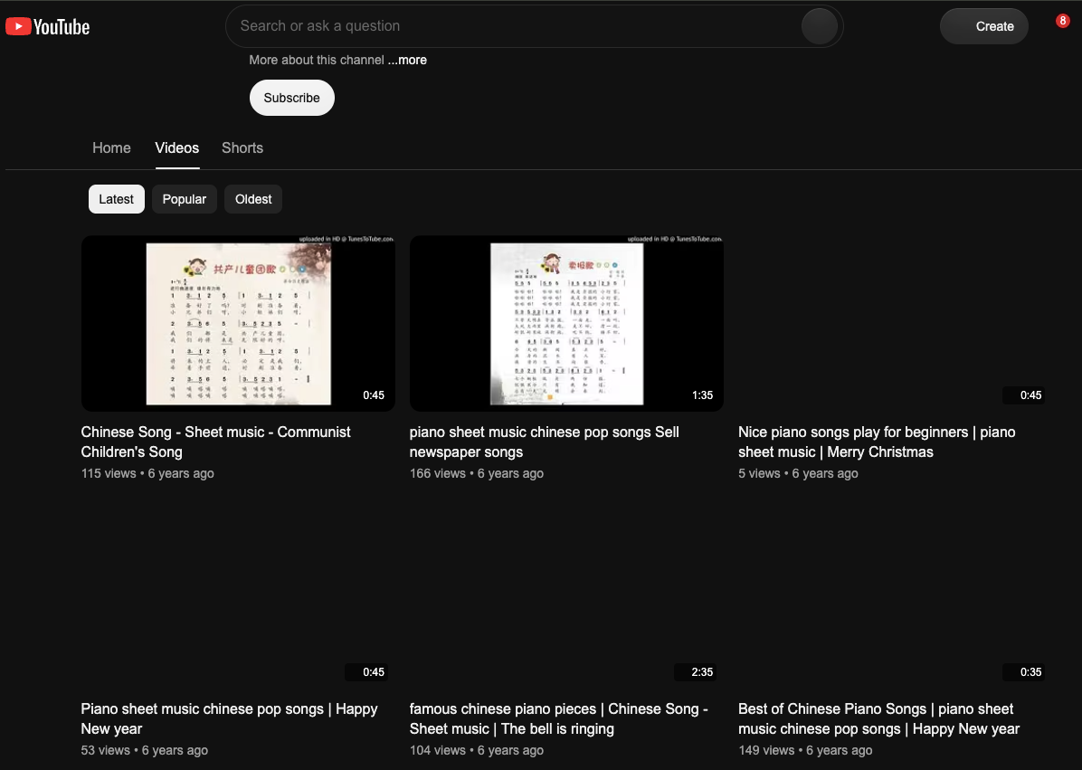 rolluppiano YouTube channel showing videos with 5-166 views after 6 years