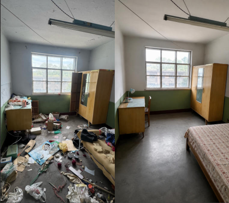 Bedroom before and after AI restoration — abandoned vs restored 1990s Chinese apartment