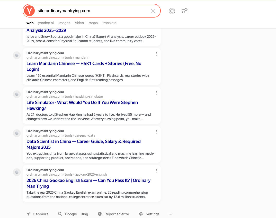 Yandex site:ordinarymantrying.com showing diverse results across tools and blog posts