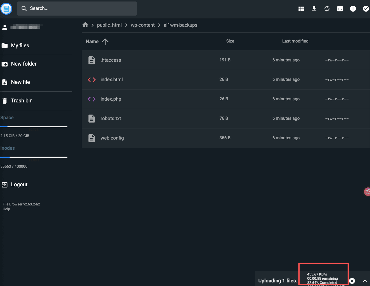 Hostinger file manager showing 455 KB/s upload speed