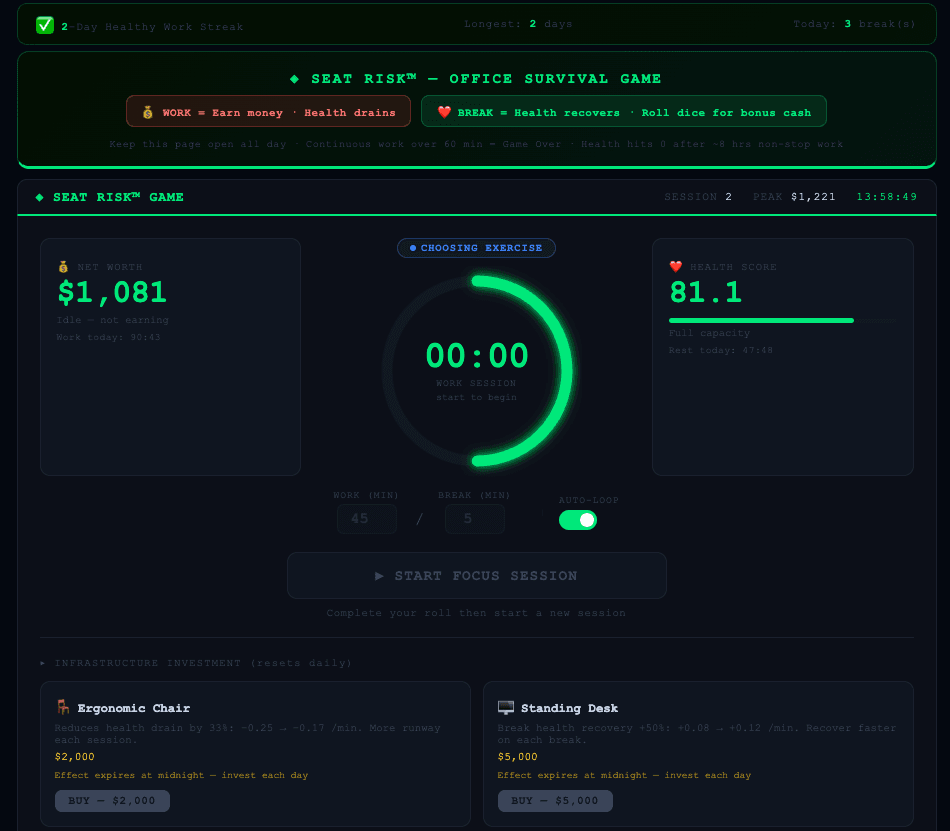 SeatRisk office break timer game interface showing net worth, health bar, and exercise timer
