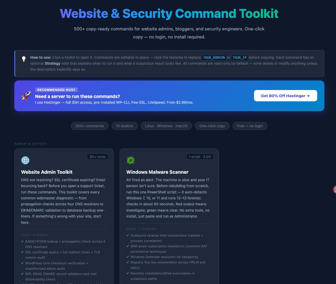 Website admin and security command toolkit — 500+ commands